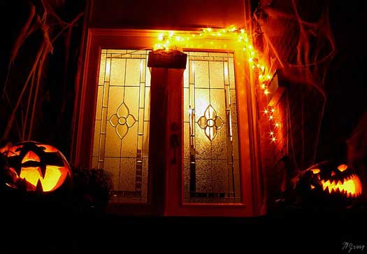 eerie front porch decorated for halloween