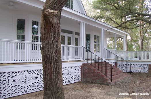Vinyl Lattice Panels Black Lattice Panels Privacy Lattice Panels white porch skirting with nautical theme and submarine emblem - Vinyl Lattice Panels Black Lattice Panels Privacy Lattice Panels
