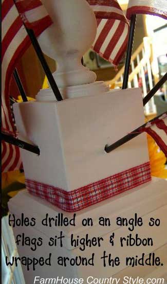 drill holes on the sides at an angle and attach patriotic plaid ribbon