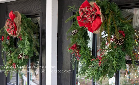 Anita's double front doors decorated with wreaths