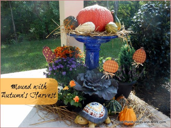 bird bath turned into autumn decoration