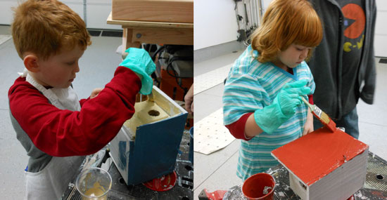 kids painting birdhouses