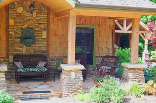 stone pedastals on front porch in Blowing Rock NC porch