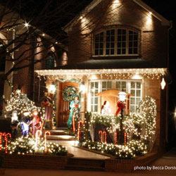 christmas lights on front of home and porch