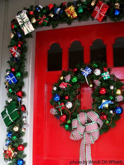 Colorful bow on front door wreath