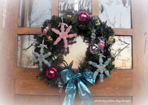 snowflake wreath on front door