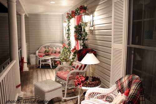 Color coordinated and decorated front porch for Christmas