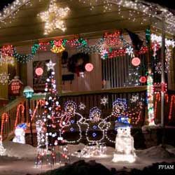Christmas lights on the front porch and lawn