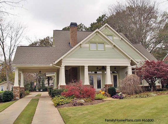 classic craftsman bungalow and front porch from Family Home Plans 65800