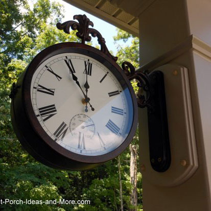 time and temperature clock installed on front porch column