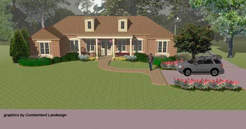 Three-Dimensional Rendering showing ranch remodel and landscaping