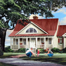 quaint house plan with parents in front yard