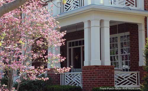 blooming redbud tree in front of porch in Franklin Tennessee