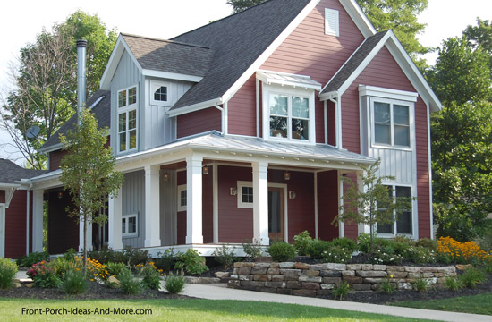 farmhouse porch with standing seam metal roof
