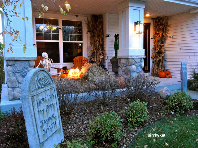 front porch decorated for Halloween