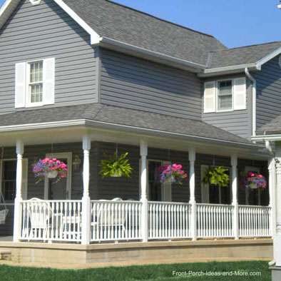 flower baskets hanging from porch ceiling