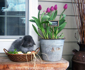 bunny in basket with milk jug filled with spring flowers for Easter