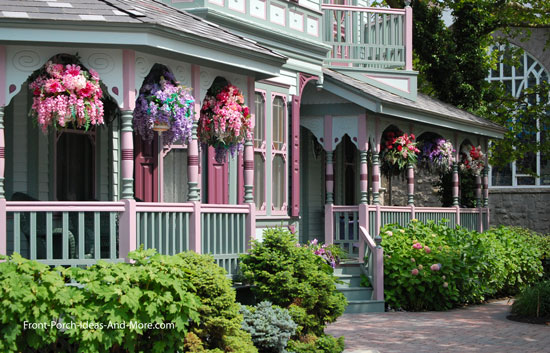 Victorian front porch with hanging baskets