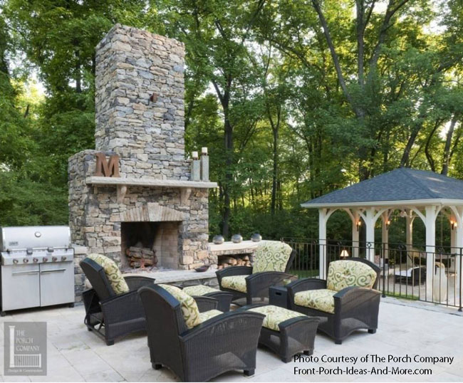 patio with massive fireplace and seatting area