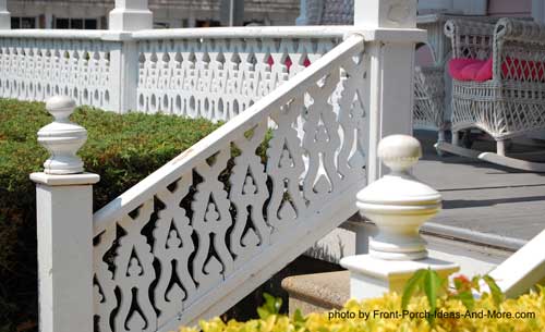 colorful Victorian style porch turned railings
