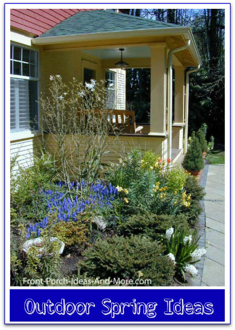 front porch with spring time landscaping