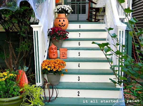 Numbered porch steps - decorated for autumn