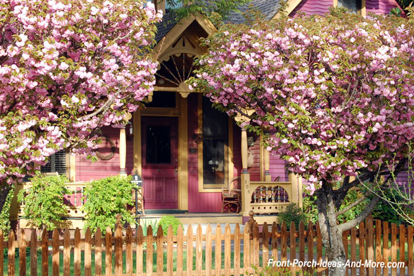 spring blooms on trees in front of porch