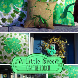 porch decorated for st patricks day with burlap pillows