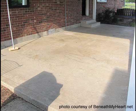patio with stained concrete in diamond pattern