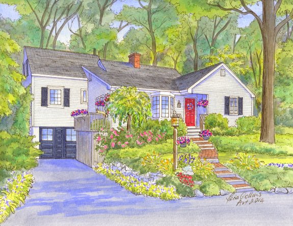 house portrait painting - four seasons - summer - watercolor by Leisa Collins