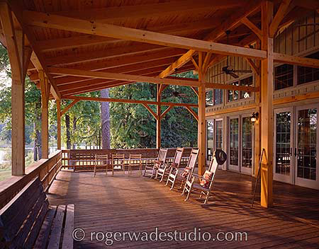 expansive porch with exposed beams  - photo courtesy of Roger Wade Studios