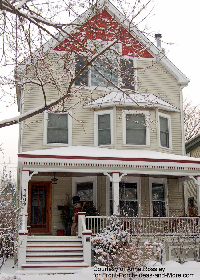 snowy winter front porch