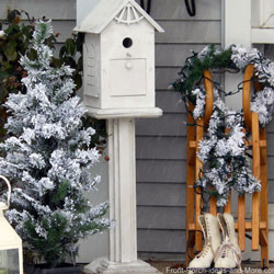 porch decorated in winter with sled, skates, and birdhouse