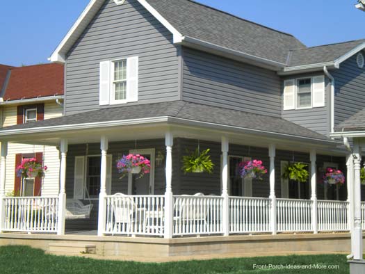 Hanging Flower Baskets From Vinyl Porch Ceiling Farmhouse With Large Porch And Hanging Baskets
