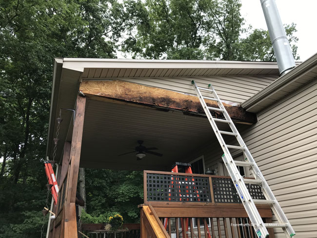 water damage on porch beam