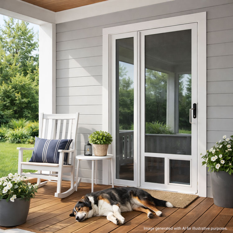 dog napping on back porch near pet screen door