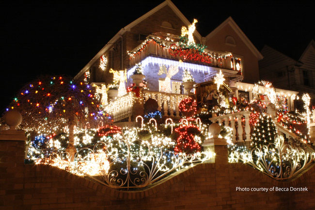 Christmas holiday light show on front of home