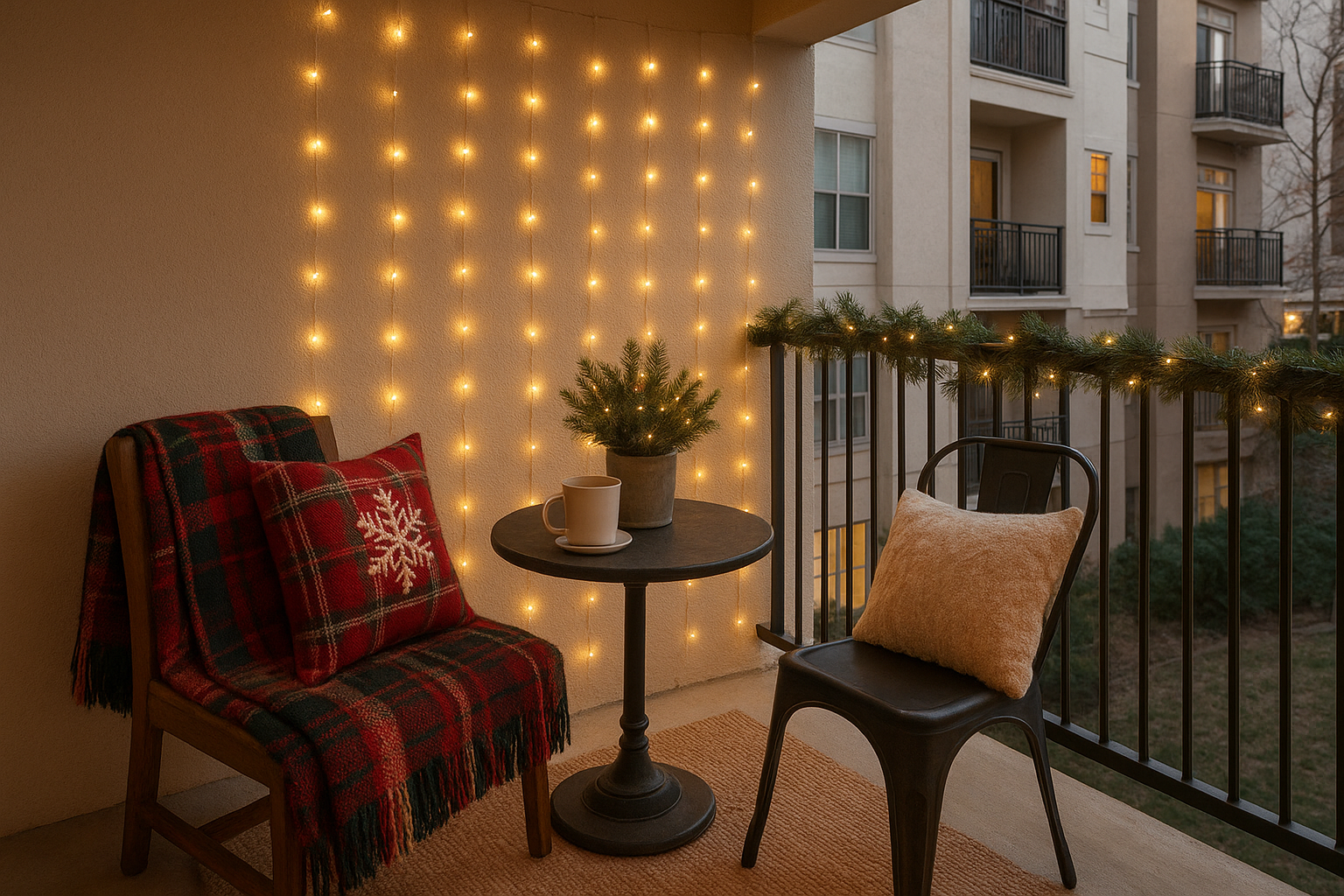 christmas decor on apartment balcony