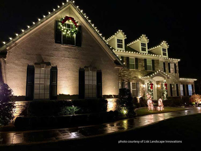 collage of Christmas light displays by Outdoor Lighting Perspectives and shared on Front Porch Ideas and More