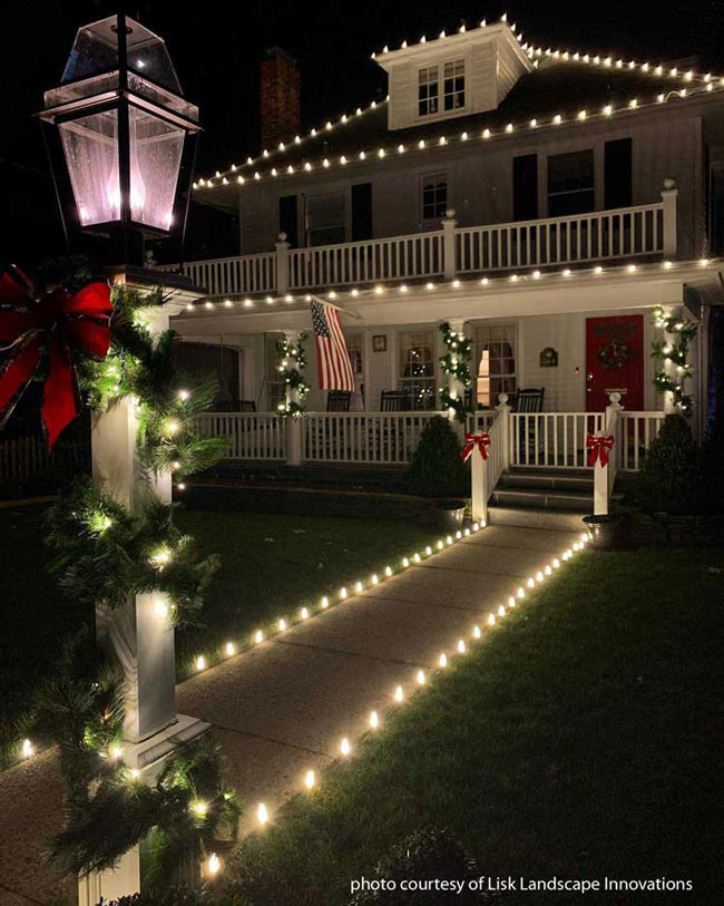 collage of Christmas light displays by Outdoor Lighting Perspectives and shared on Front Porch Ideas and More
