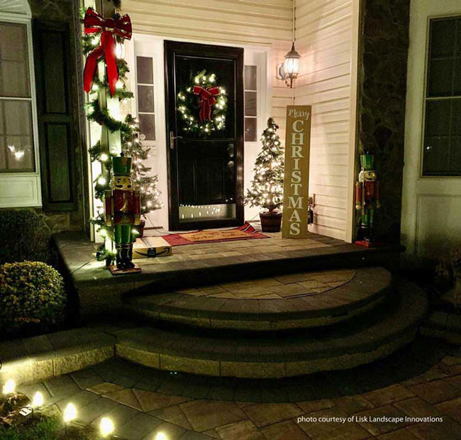collage of Christmas light displays by Outdoor Lighting Perspectives and shared on Front Porch Ideas and More