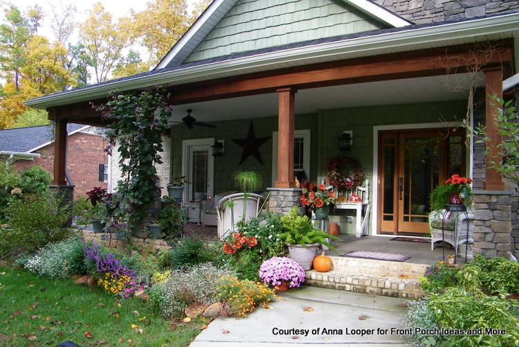 Craftsman style porch with stone pedestals