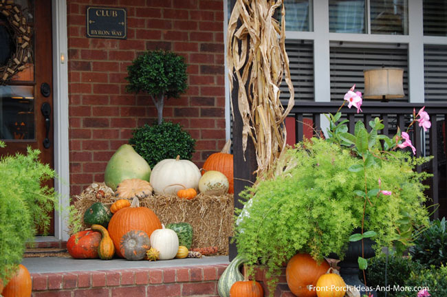 front porch decorated for fall with pumpkins and corn stalks