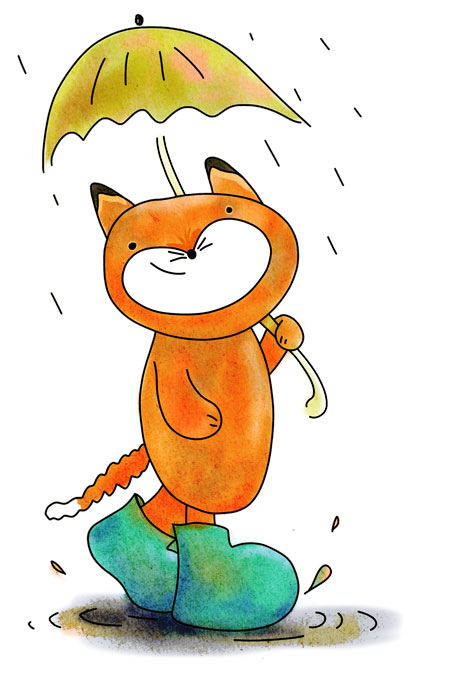cartoonish fox walking with umbrella in rain