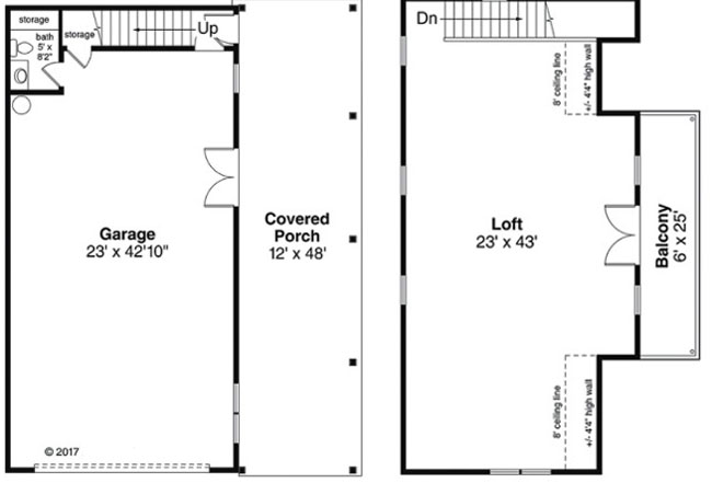 drawings of two car garage with loft and porch 