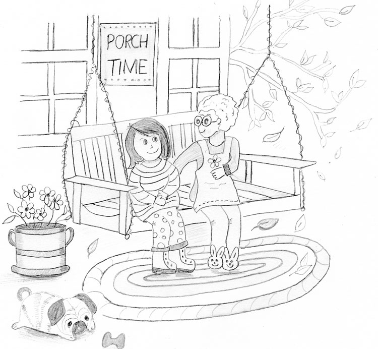 Molly Jo Daisy sits on the porch swing with her Grandma