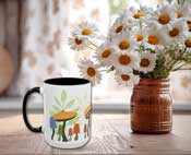 cute mushroom mug sitting next to a vase with daisies