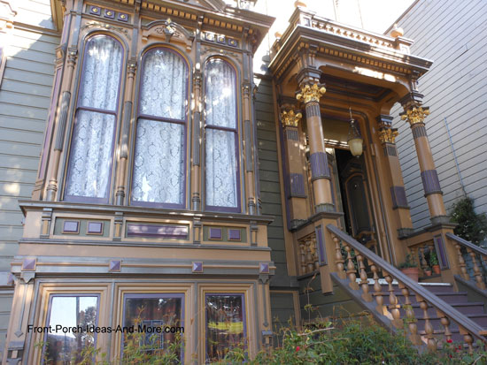 ornately painted Victorian front porch