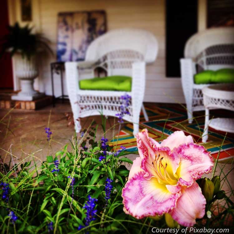 a porch in the springtime