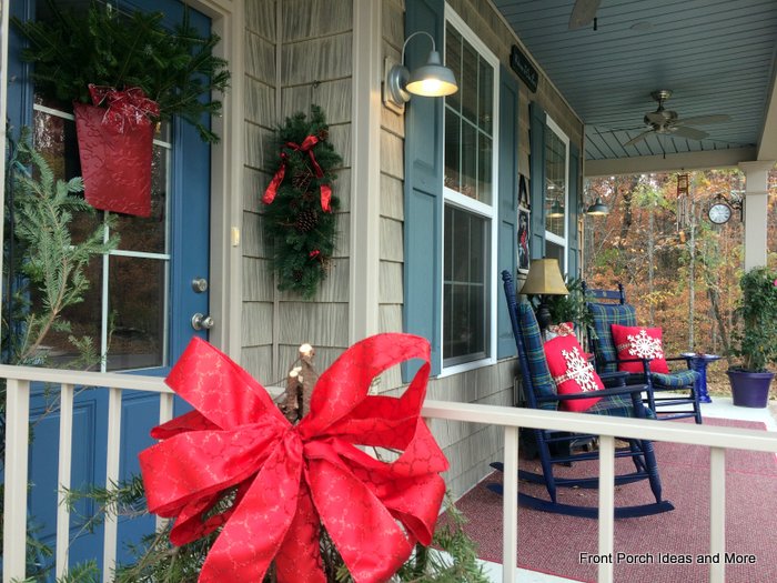 Close-up of our snowflake front porch